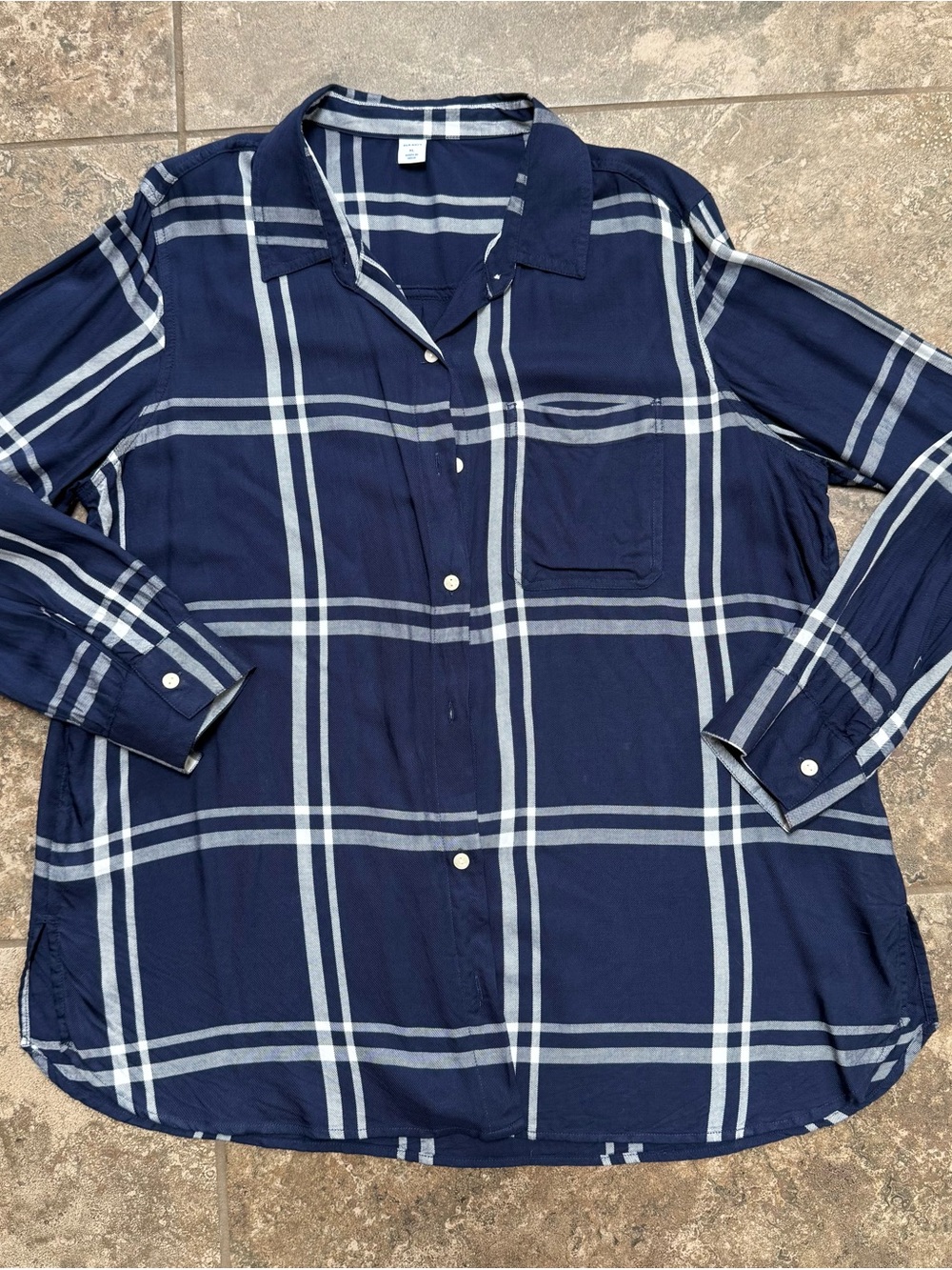 Navy and White Plaid Button-Down Shirt